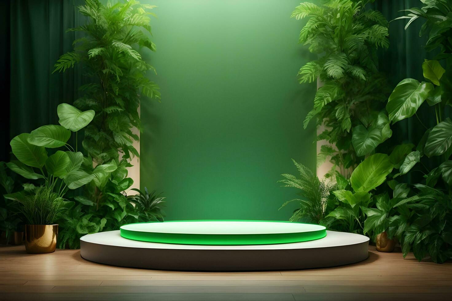 Concrete podium in tropical forest for product presentation and green wall.3d rendering AI Generated. photo
