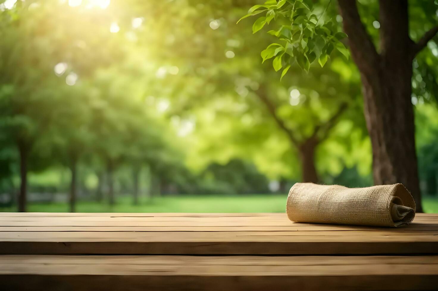 table background of free space for your decoration and blurred landscape of forest. AI Generated. photo
