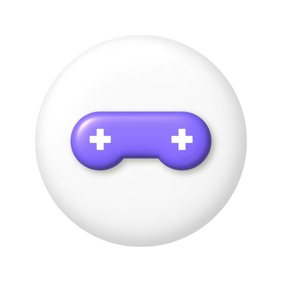 Purple game console, joystick icon on white round button. 3D vector illustration.