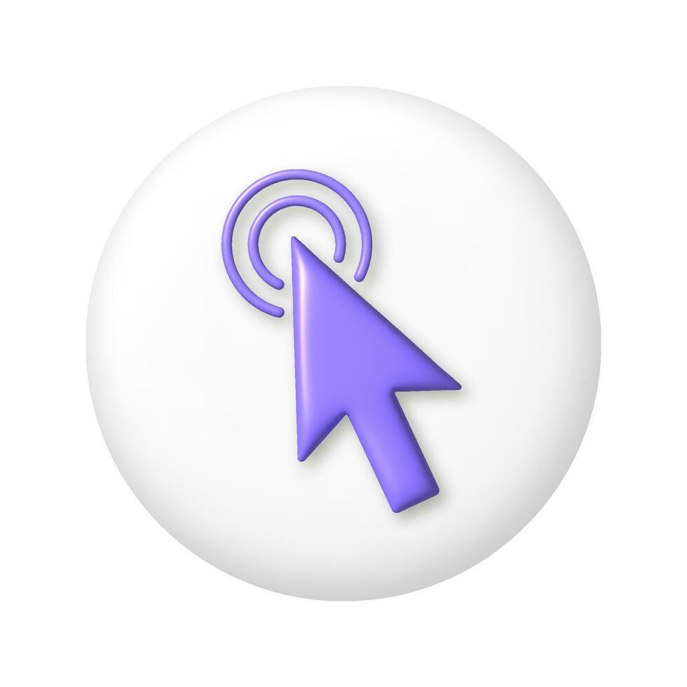 Purple arrow computer cursor icon on white round button. 3D vector illustration.