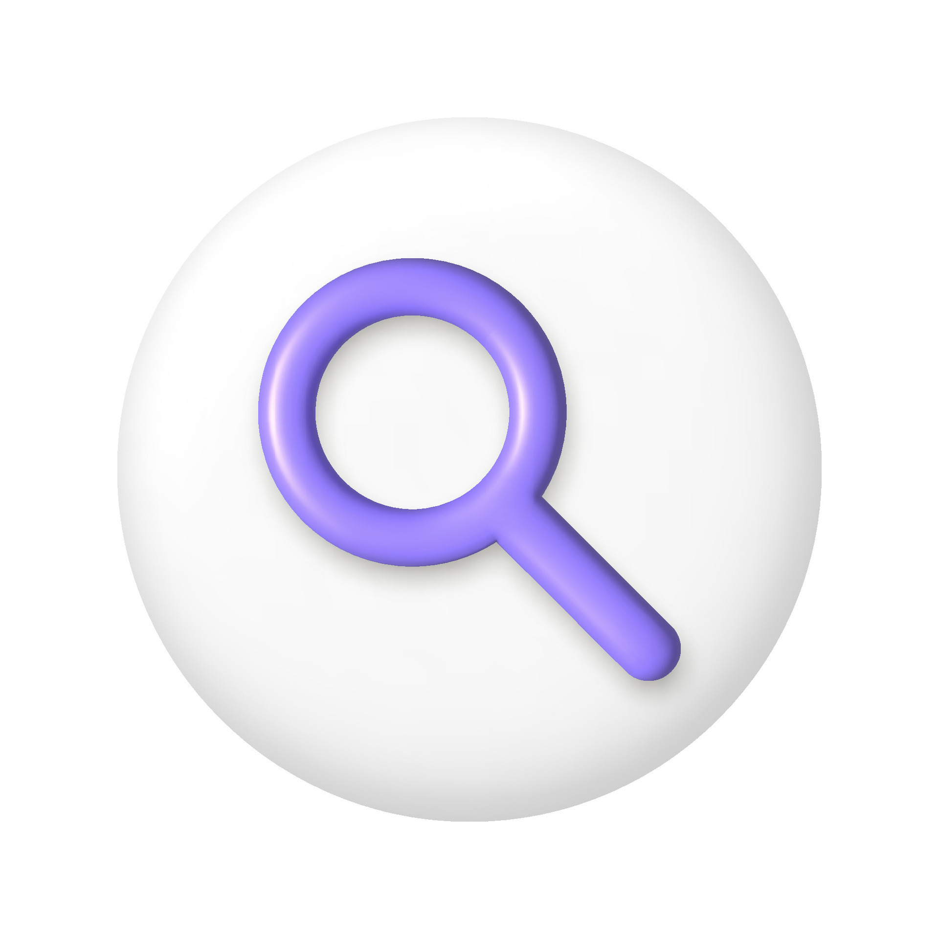 Purple magnifying glass icon on white round button. 3D vector