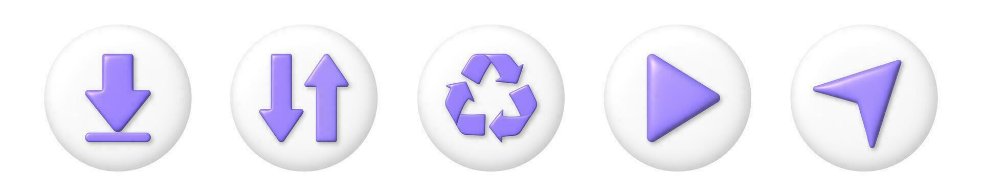 Purple arrows icons set on white round buttons. 3D vector illustration.