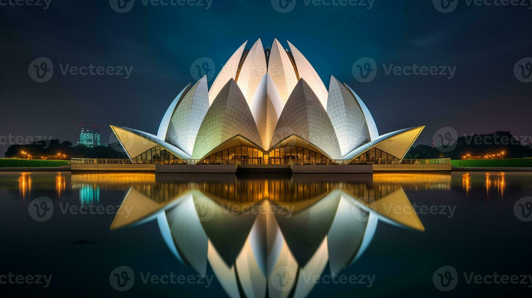 Night view of Lotus Temple. Generative AI photo