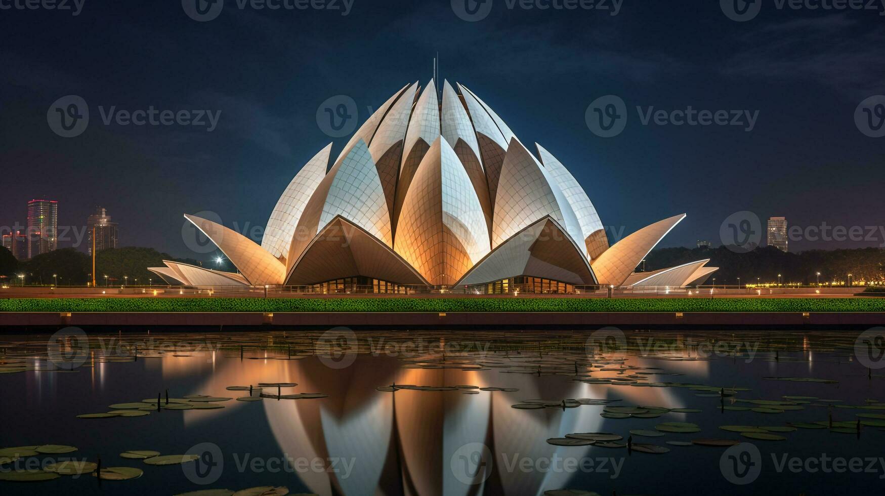 Night view of Lotus Temple. Generative AI photo