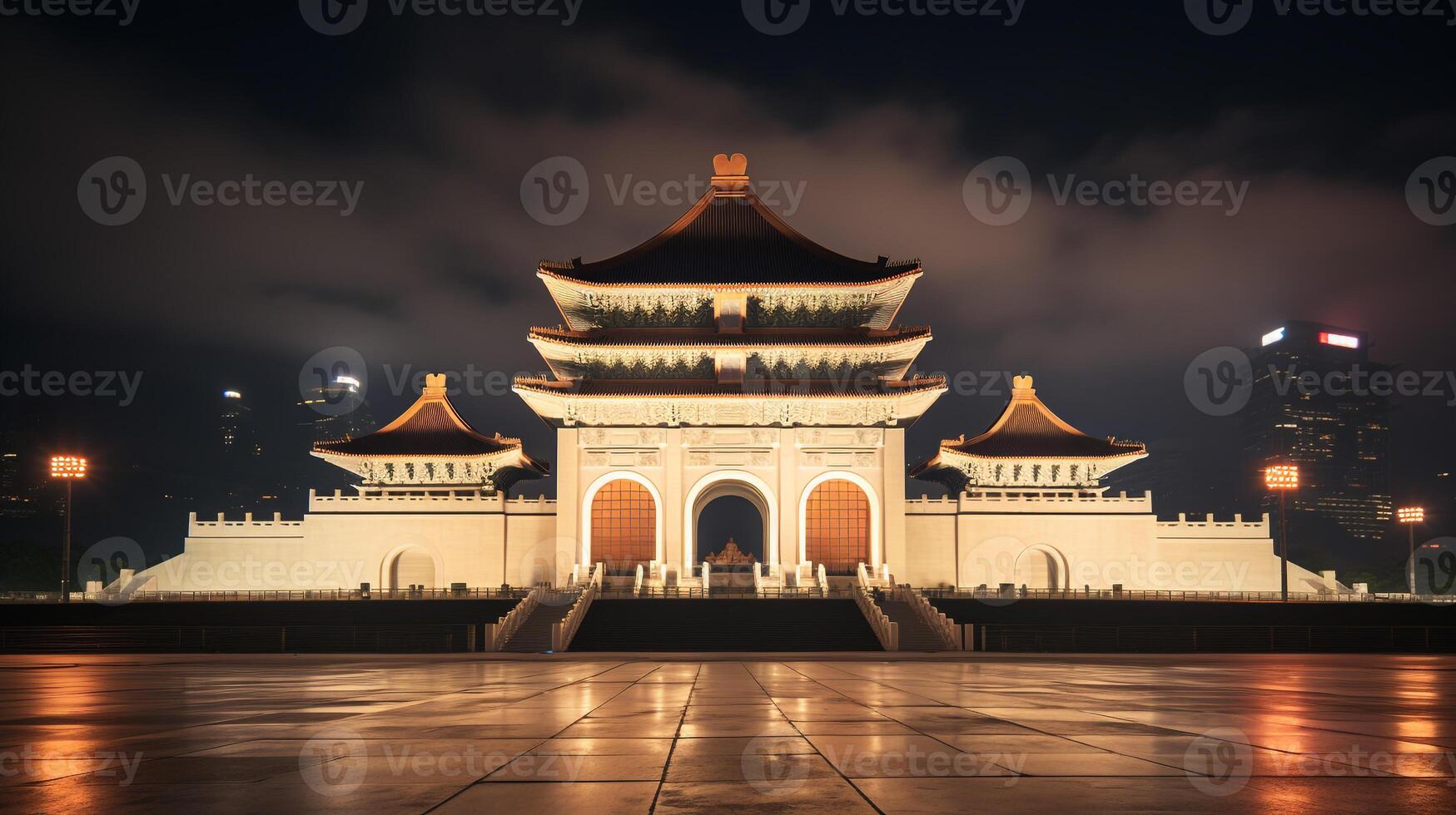 Night view of National Chiang Kai-shek Memorial Hall. Generative AI photo