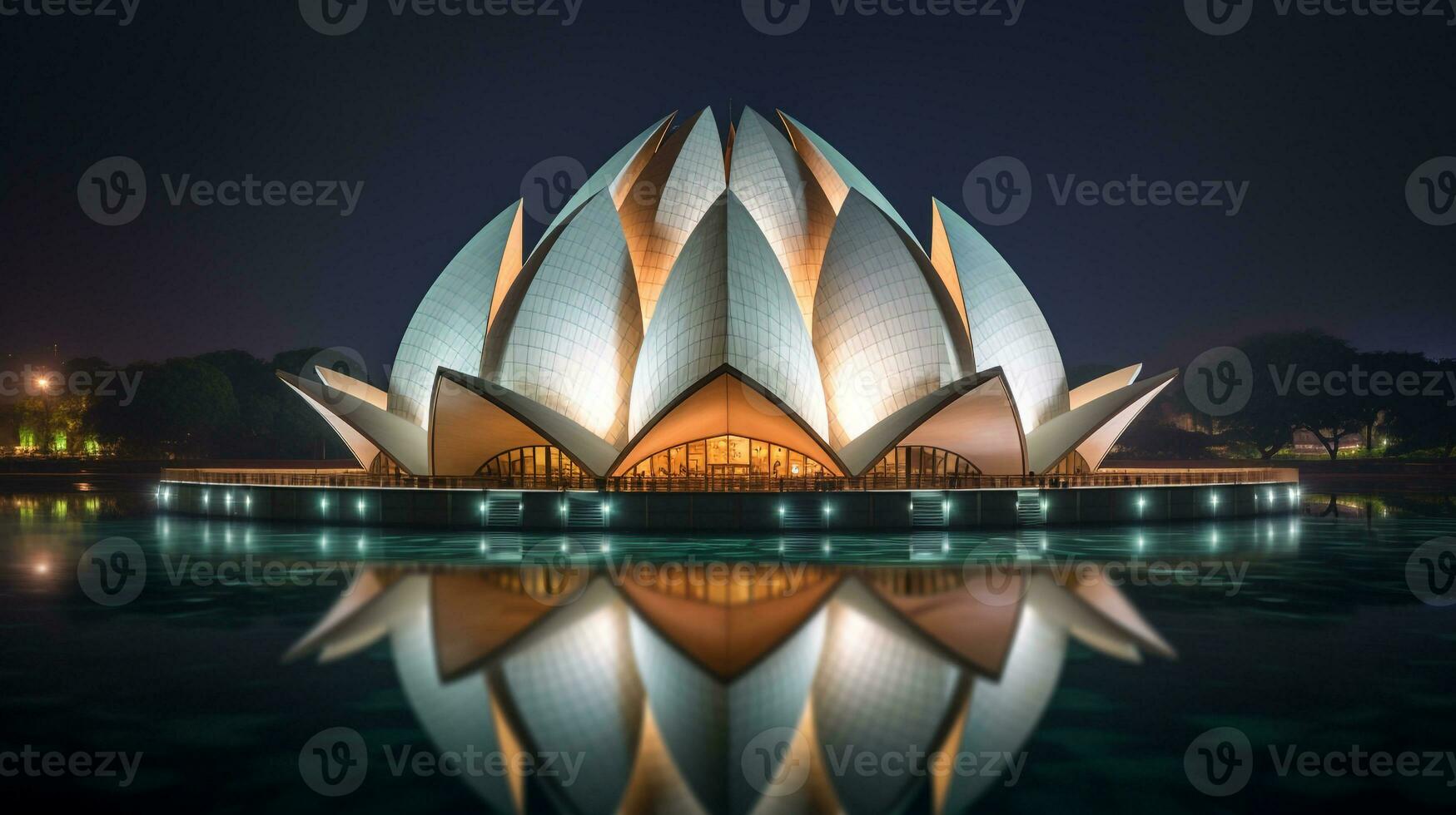 Night view of Lotus Temple. Generative AI photo