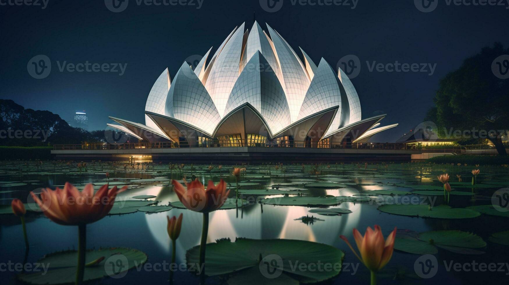Night view of Lotus Temple. Generative AI photo