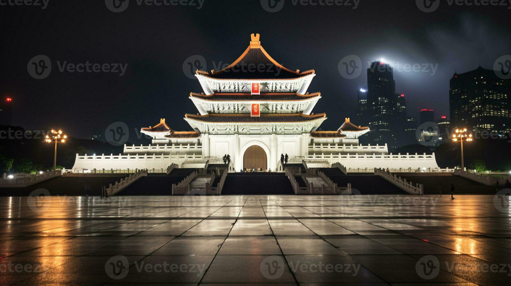 Night view of National Chiang Kai-shek Memorial Hall. Generative AI photo