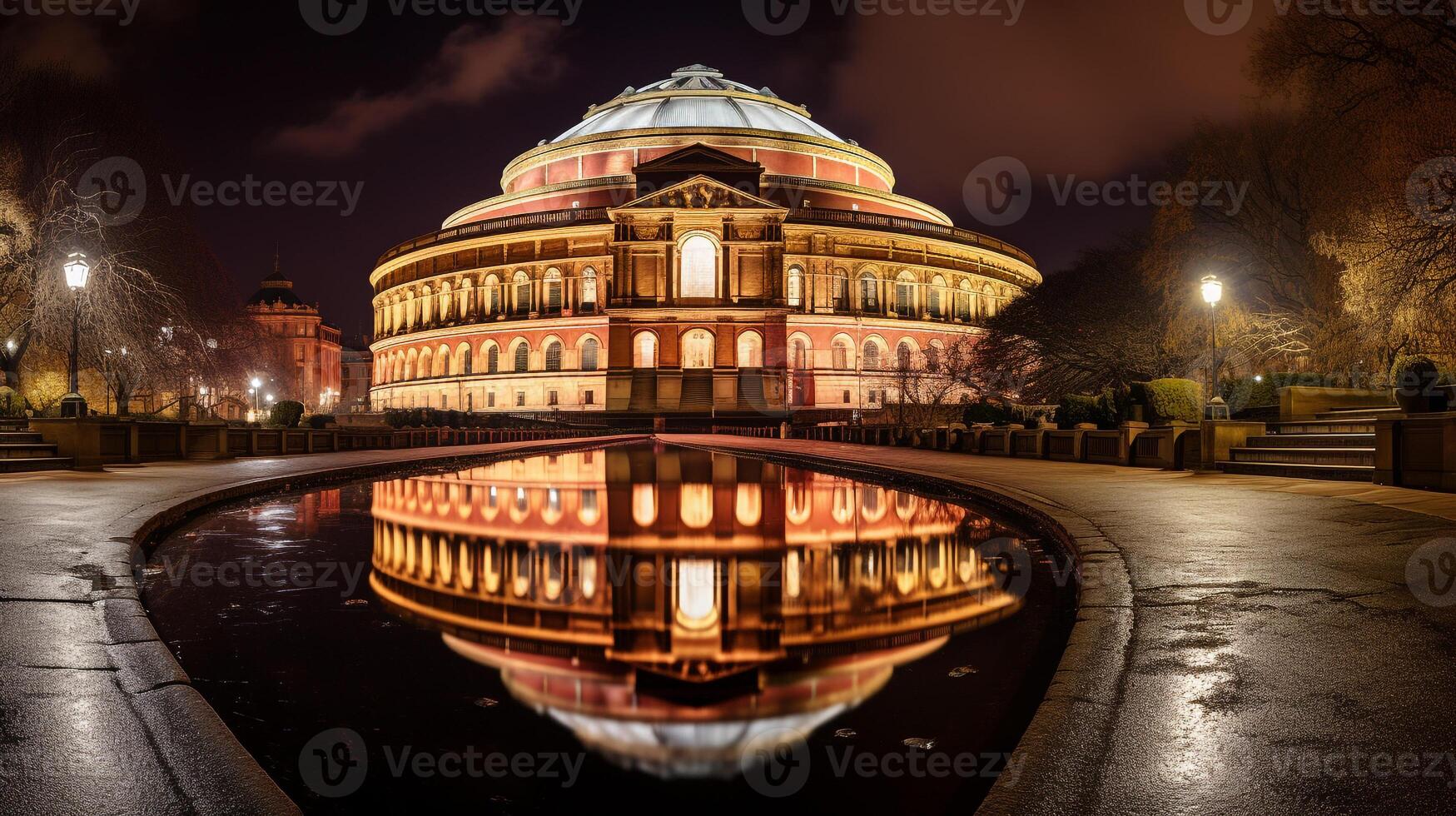 Night view of Royal Albert Hall. Generative AI photo