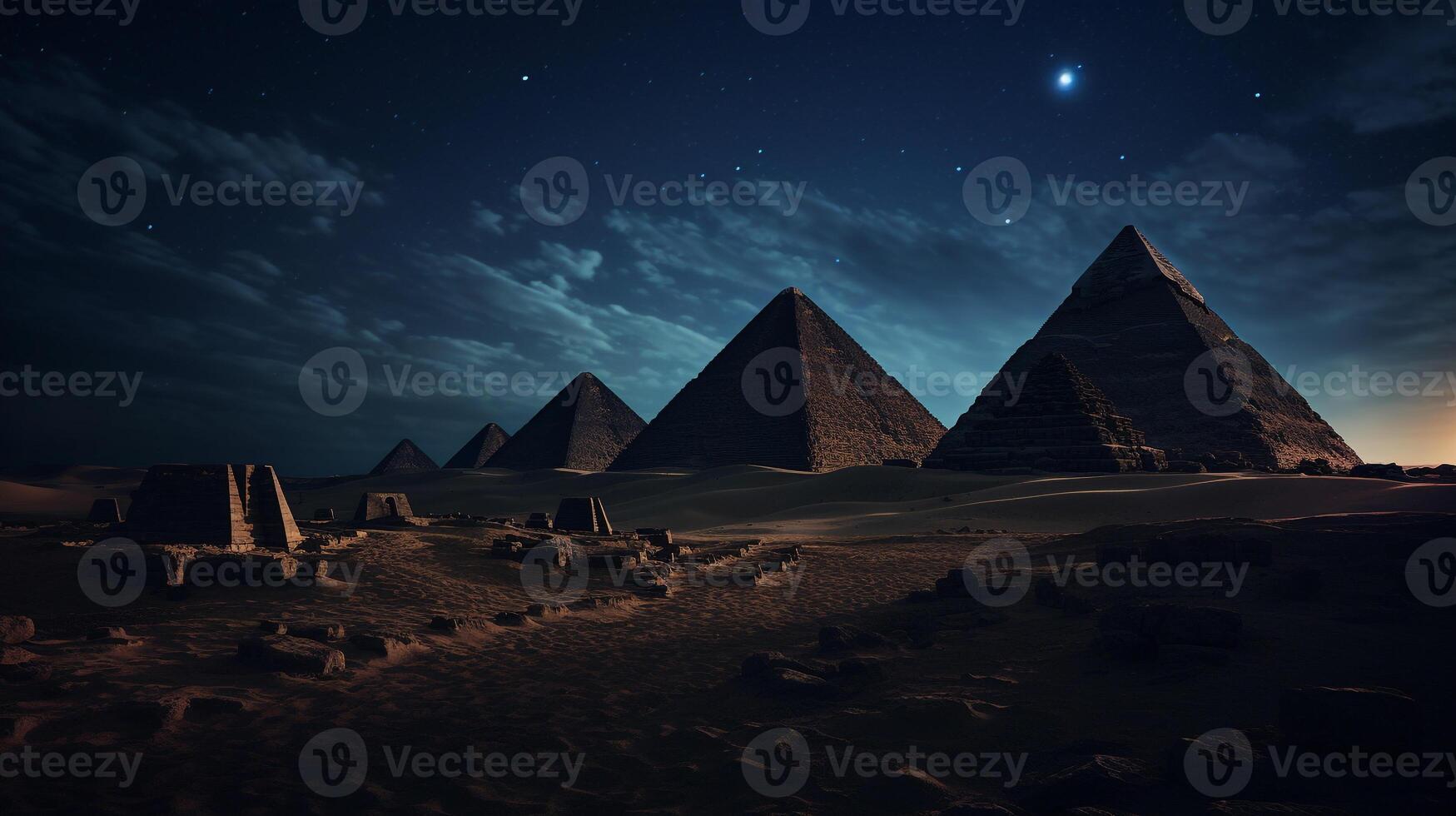 noche ver de pirámides de giza. generativo ai foto