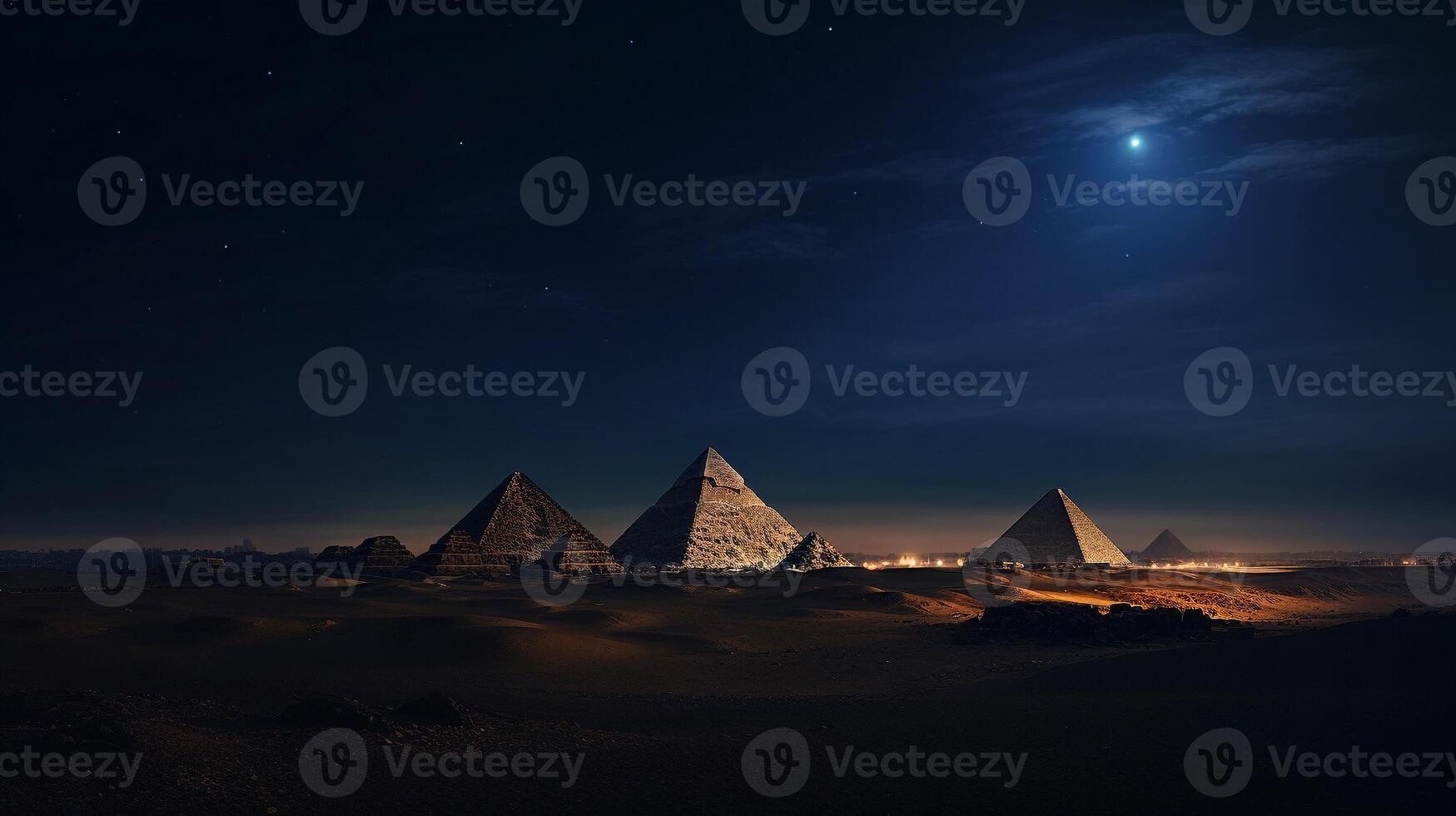 noche ver de pirámides de giza. generativo ai foto