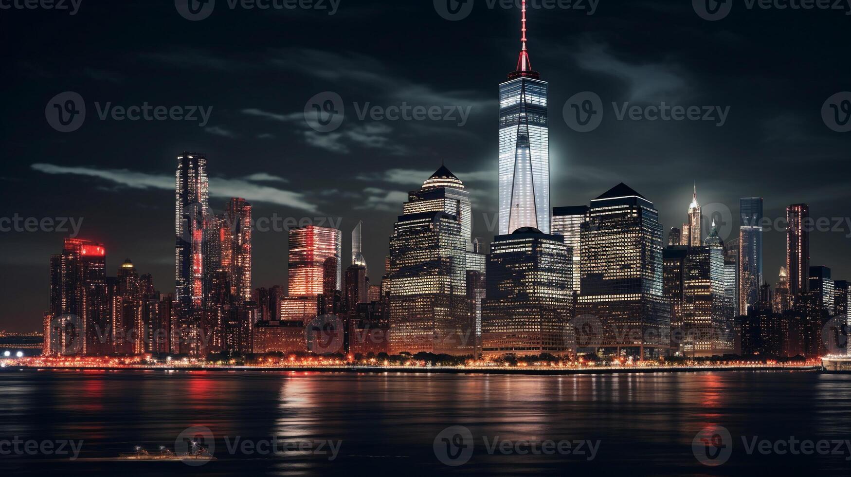 Night view of One World Trade Center. Generative AI photo