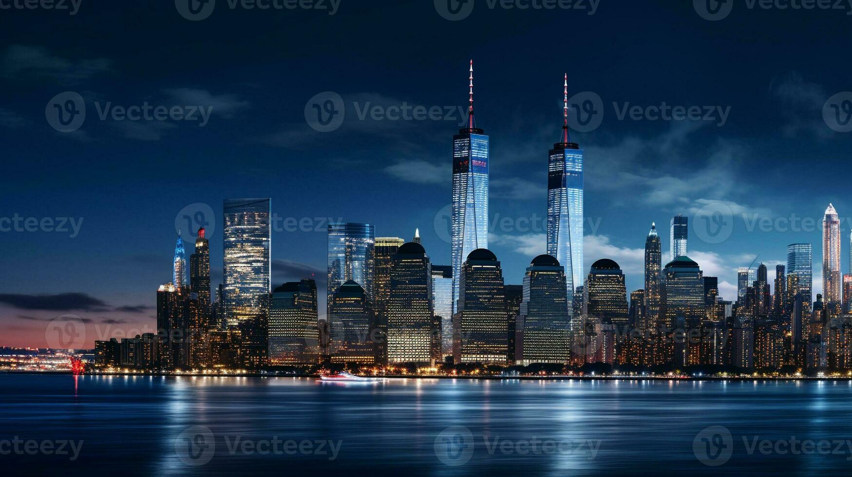 Night view of One World Trade Center. Generative AI photo