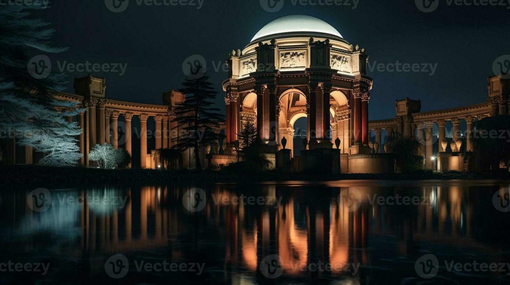 Night view of Palace of Fine Arts. Generative AI photo
