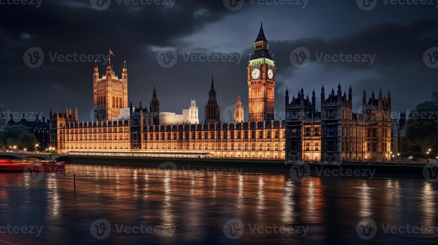 Night view of Palace of Westminster. Generative AI photo