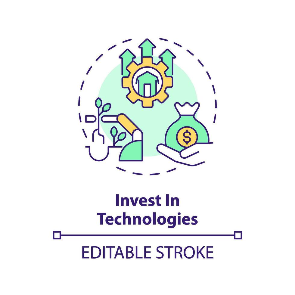 Invest in technologies multi color concept icon. Increase productivity. Improve efficiency. Rural development. Farm machinery. Round shape line illustration. Abstract idea. Graphic design. Easy to use vector