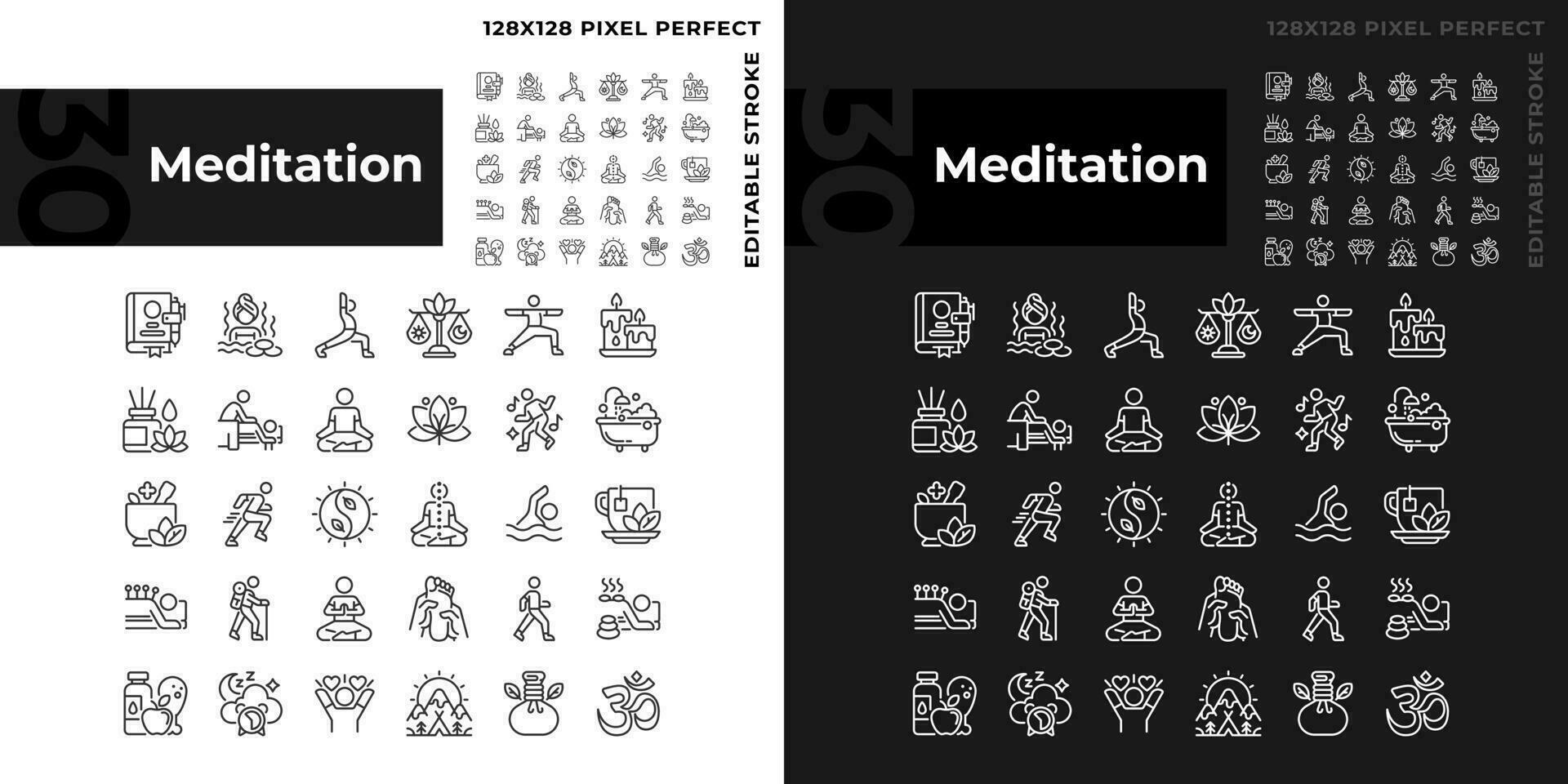 Pixel perfect light and dark mode icons set representing meditation, editable thin line wellness illustration. vector