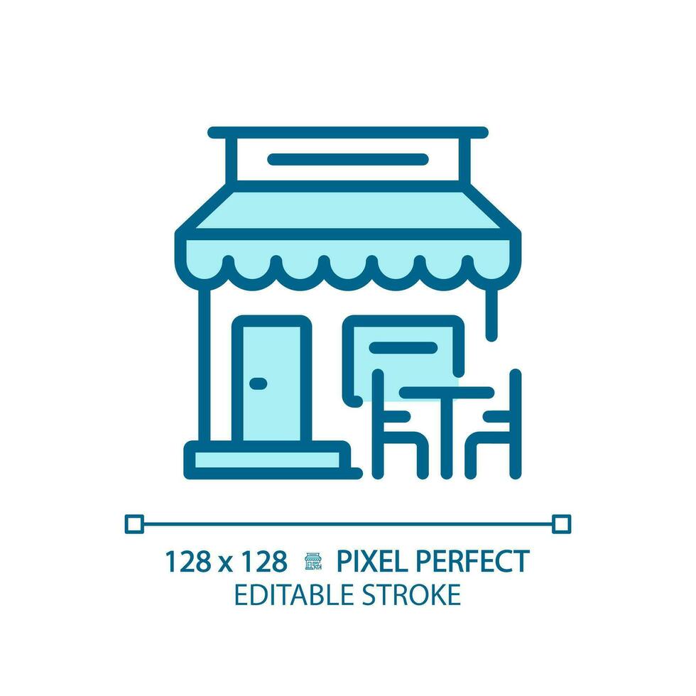 2D pixel perfect editable blue cafe icon, isolated vector, building thin line illustration. vector