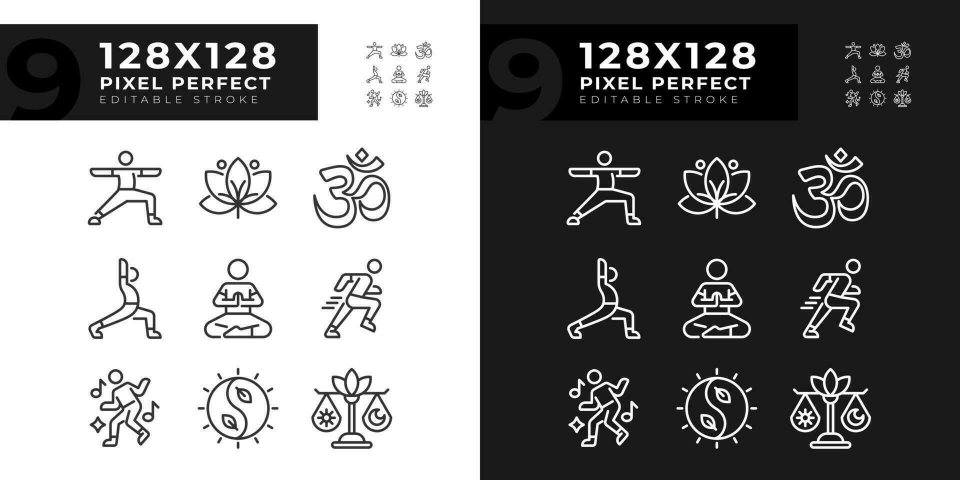 Pixel perfect light and dark mode icons representing meditation, editable thin line wellness illustration set. vector