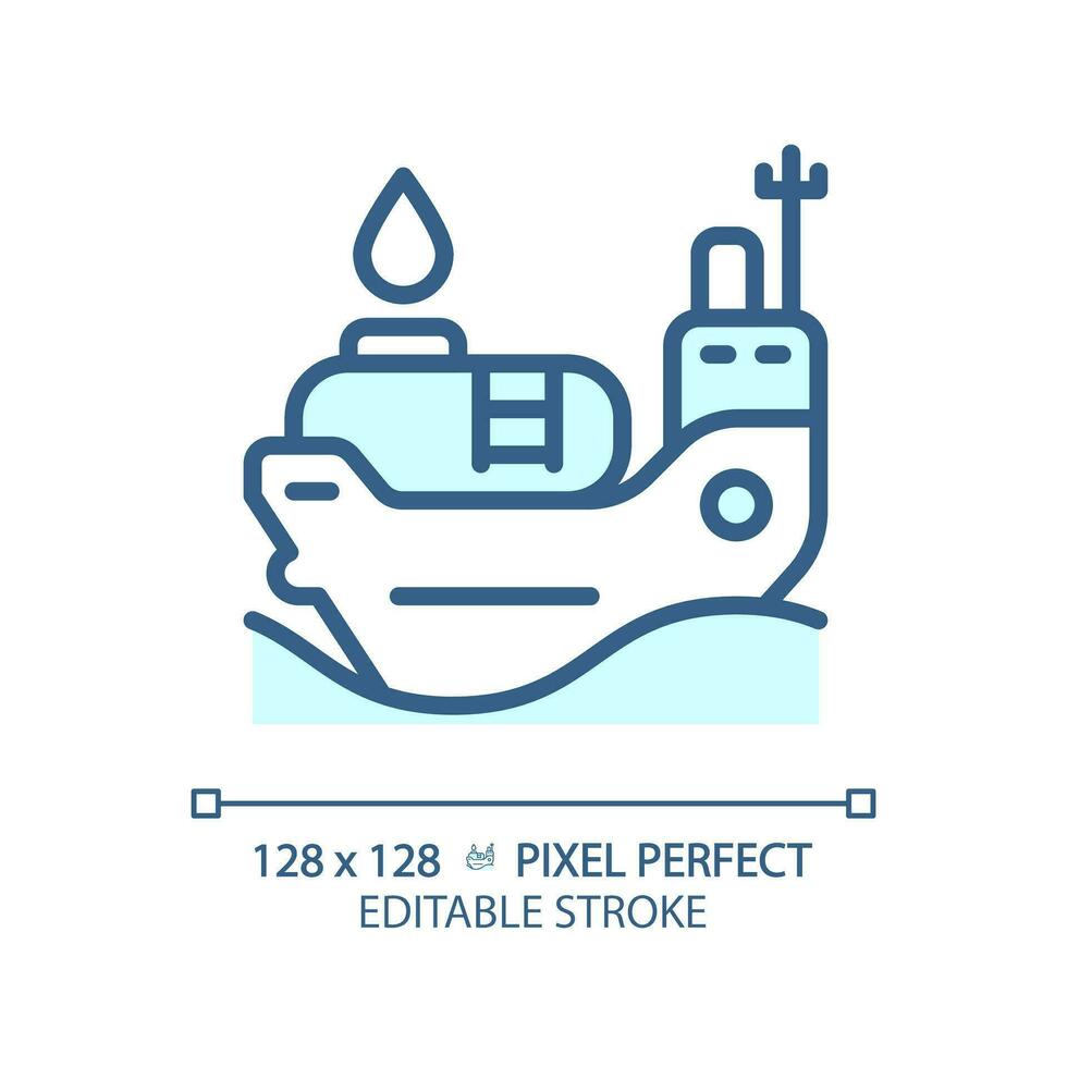 Oil tanker ship light blue icon. Cargo vessel. Maritime industry. Oil transportation. Petroleum tanker. RGB color sign. Simple design. Web symbol. Contour line. Flat illustration. Isolated object vector