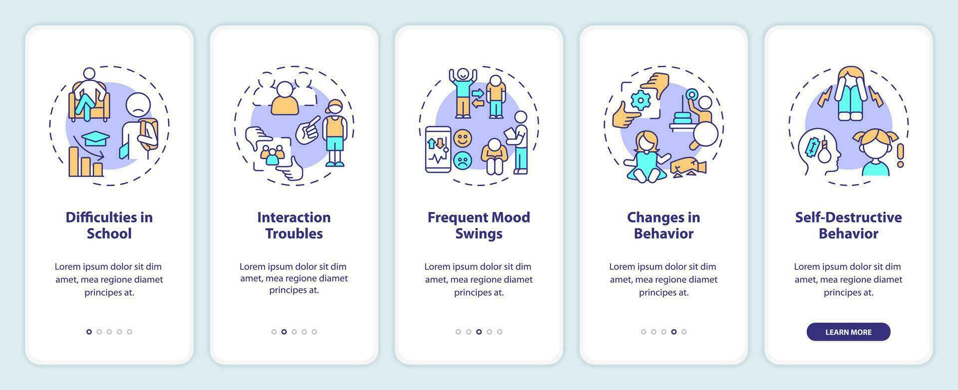 2D icons representing behavioral therapy mobile app screen set. Walkthrough 5 steps colorful graphic instructions with line icons concept, UI, UX, GUI template. vector