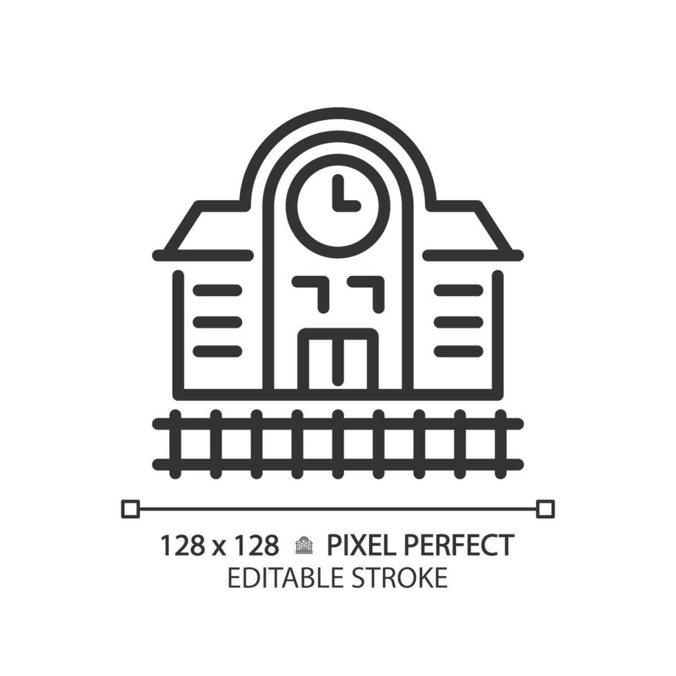 2D pixel perfect editable black railway station icon, isolated vector, building thin line illustration. vector