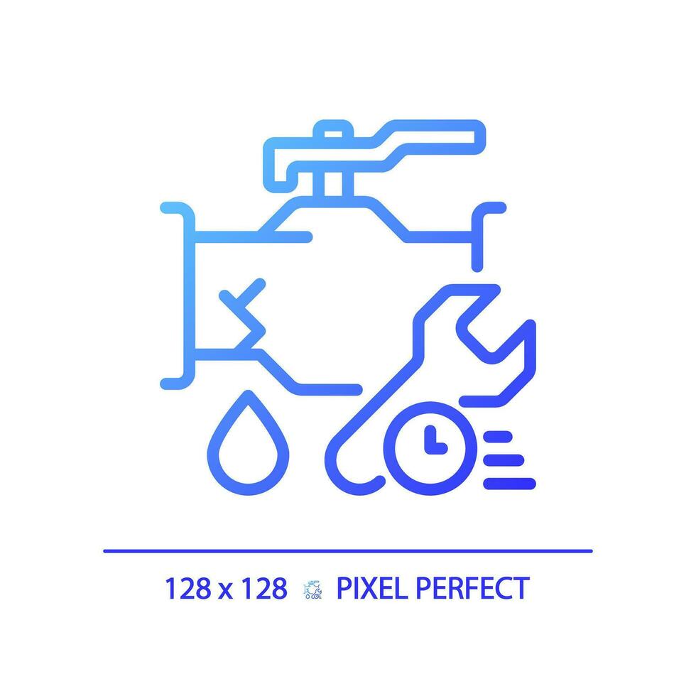 2D pixel perfect gradient pipe leakage with time and wrench icon, isolated vector, blue thin line illustration representing plumbing. vector