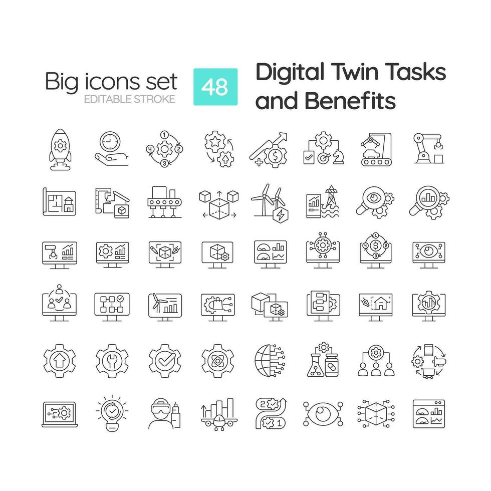 Digital twin tasks and benefits linear icons set. Smart manufacturing. Industry 4. Machine learning. Customizable thin line symbols. Isolated vector outline illustrations. Editable stroke