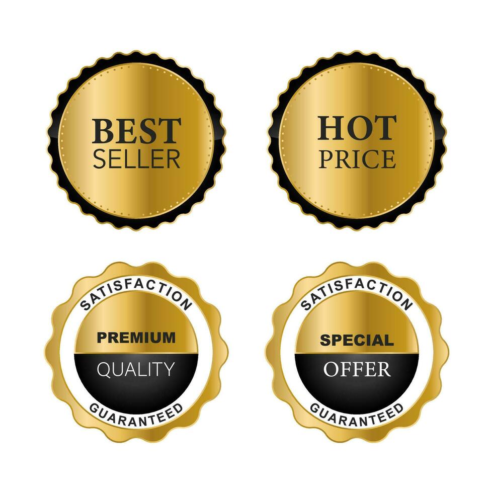 Best certification golden sign. Gold design premium award emblem medals and round labels stamp elegant quality guarantee plate badge set vector
