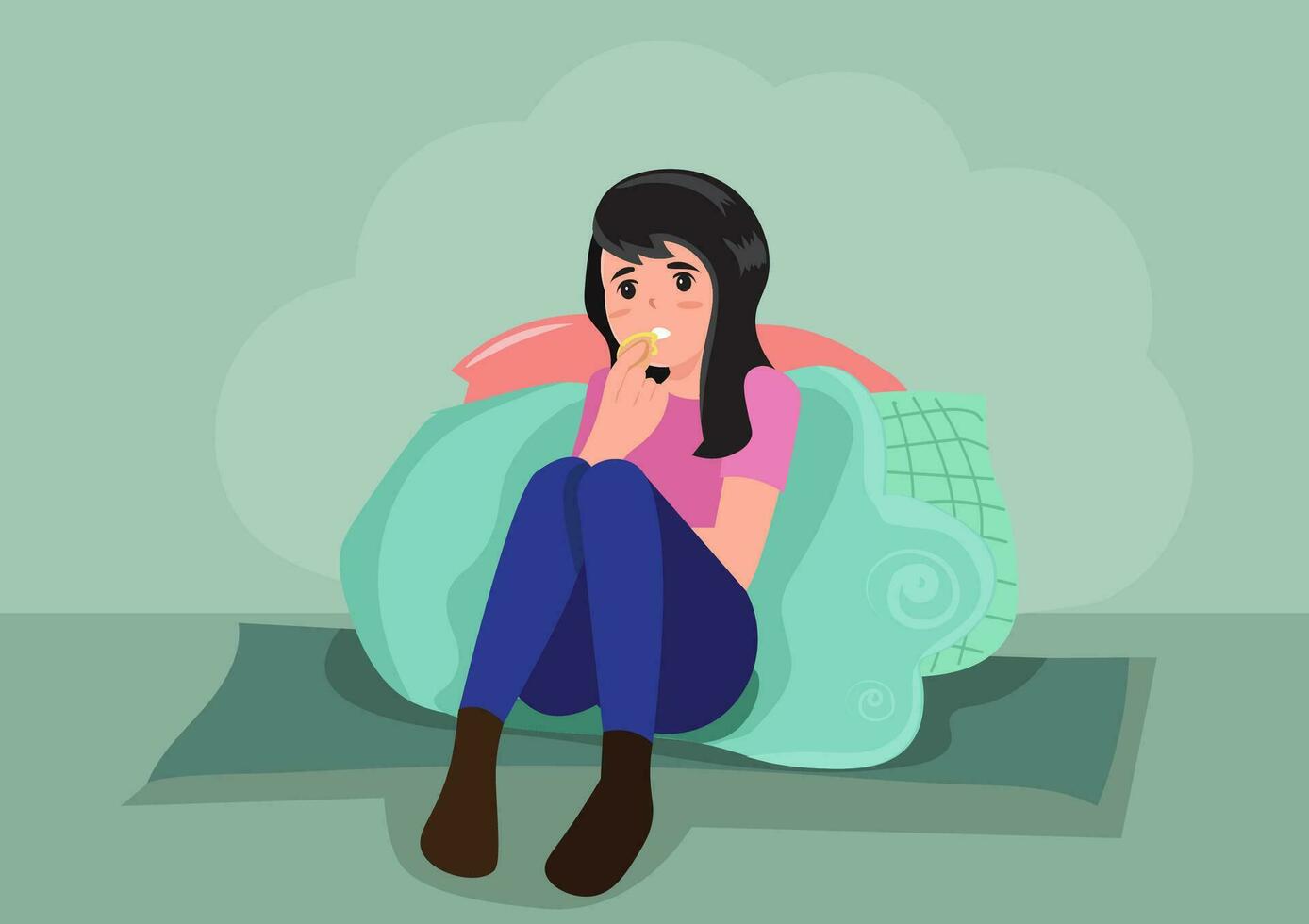 Woman watching an exciting movie on TV and eat cookies, vector illustration