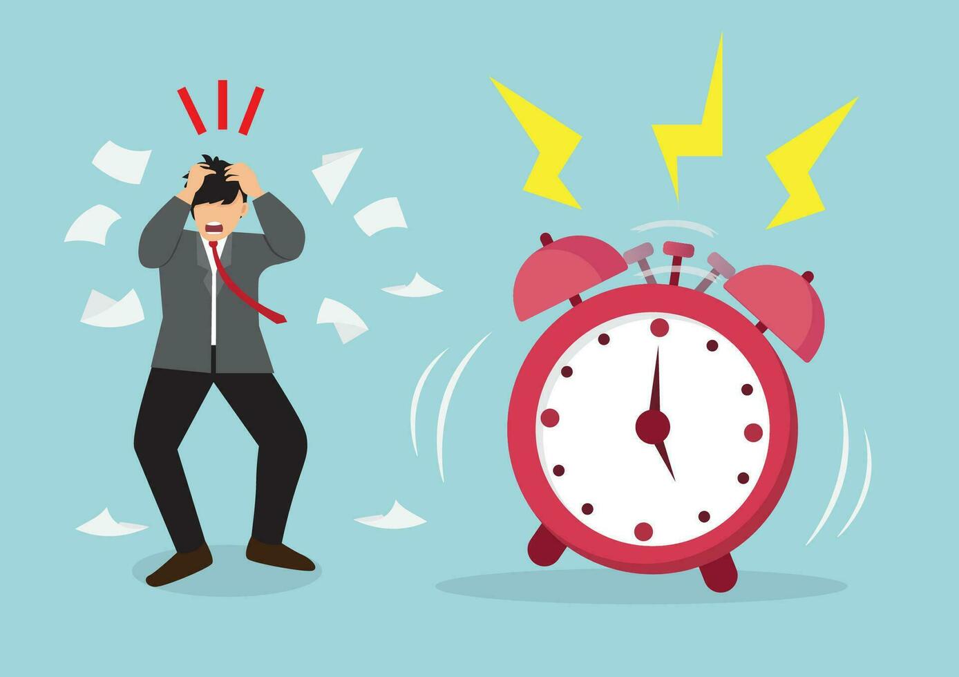 The businessman was unable to complete the documents in time to send to the customer. A character is stressed by the sound of a giant red alarm clock. vector