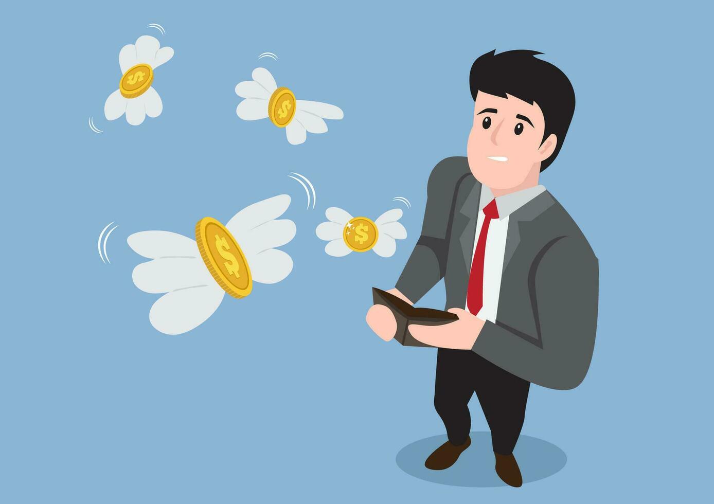 Businessman holding an empty wallet Gold coins fly out of the bag, vector illustration