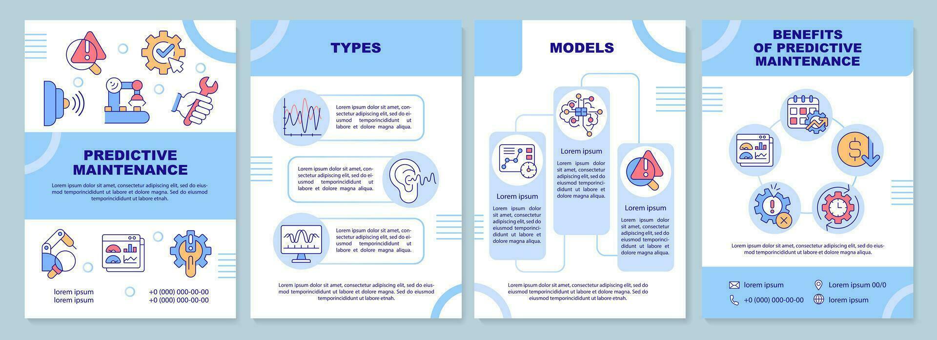 2D predictive maintenance brochure template, leaflet design with thin line icons, 4 vector layouts.