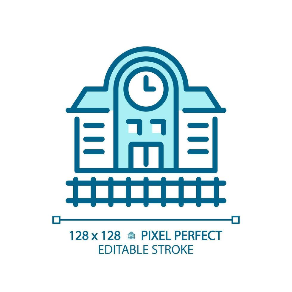 2D pixel perfect editable blue railway station icon, isolated vector, building thin line illustration. vector