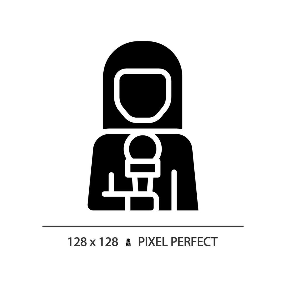 2D pixel perfect glyph style female news reporter icon, isolated vector, thin line illustration representing journalism. vector