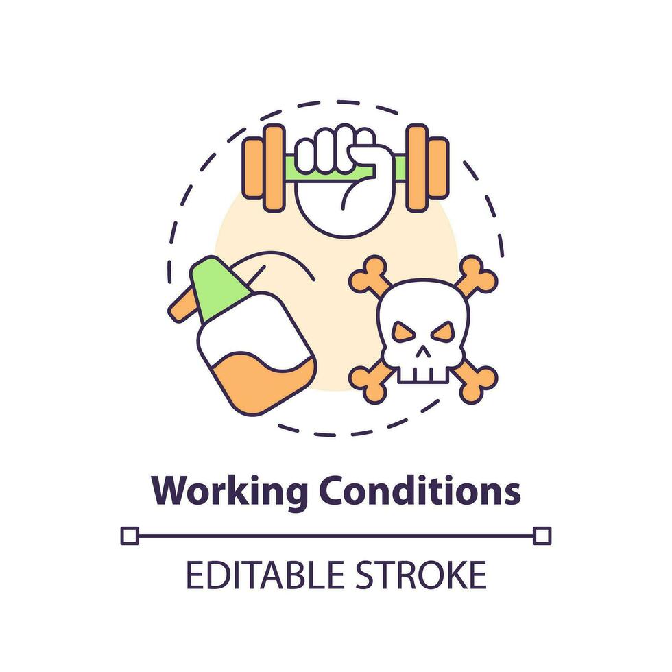 Working conditions multi color concept icon. Toxic chemicals. Hard work. Farm worker. Manual labor. Hazardous substance. Round shape line illustration. Abstract idea. Graphic design. Easy to use vector