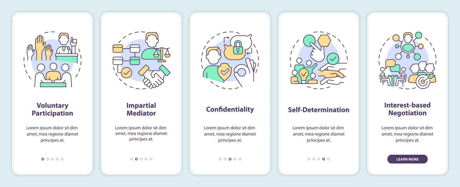 2D linear icons representing lobbying government mobile app screen set. 5 steps graphic instructions, UI, UX, GUI template. vector