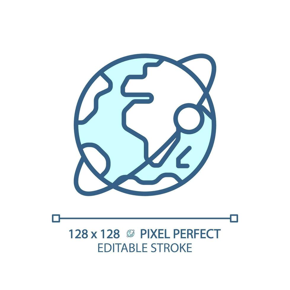 Orbit pixel perfect light blue icon. Satellite tracking. Planetary motion. Earth planet. Solar system. RGB color sign. Simple design. Web symbol. Contour line. Flat illustration. Isolated object vector