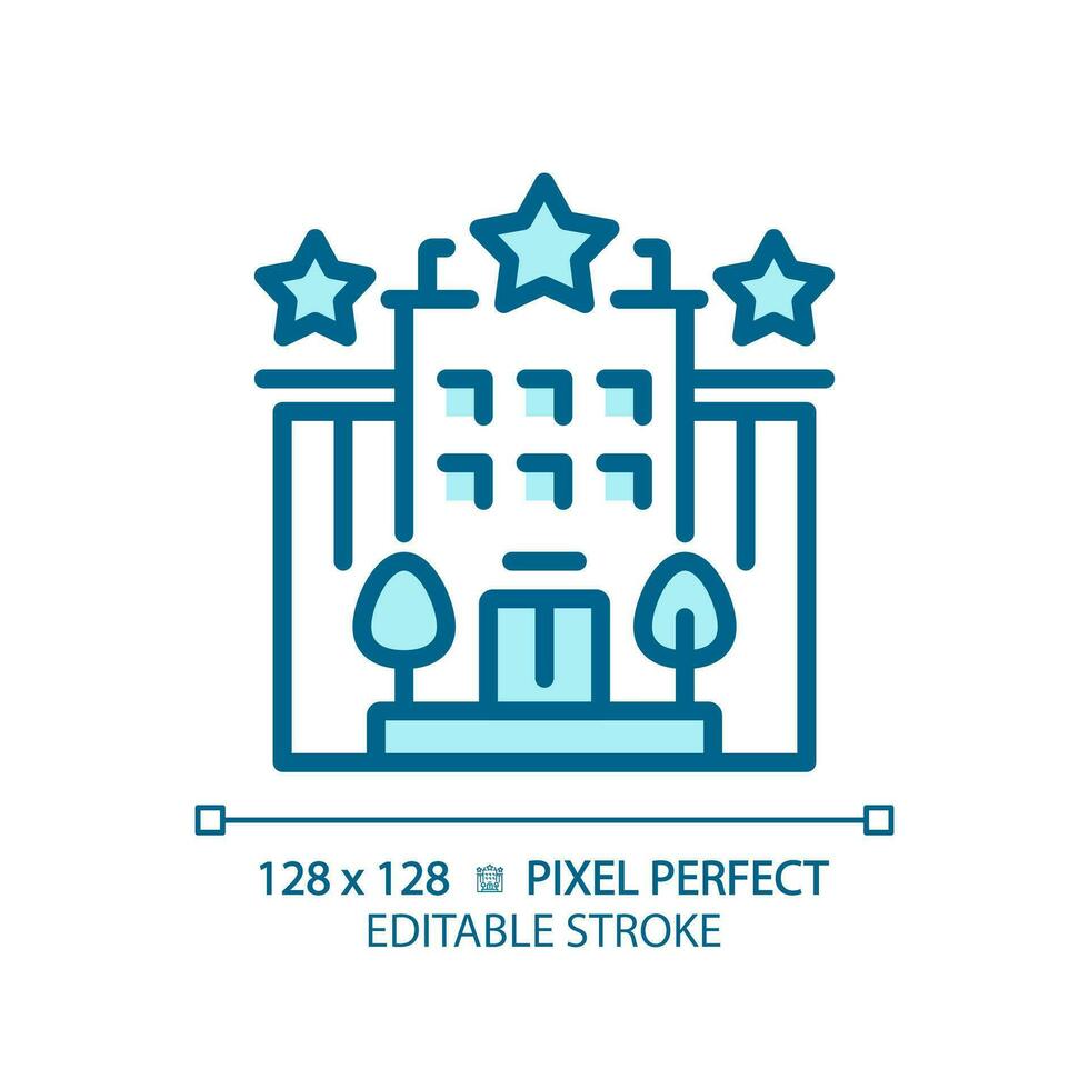 2D pixel perfect editable blue hotel icon, isolated vector, building thin line illustration. vector