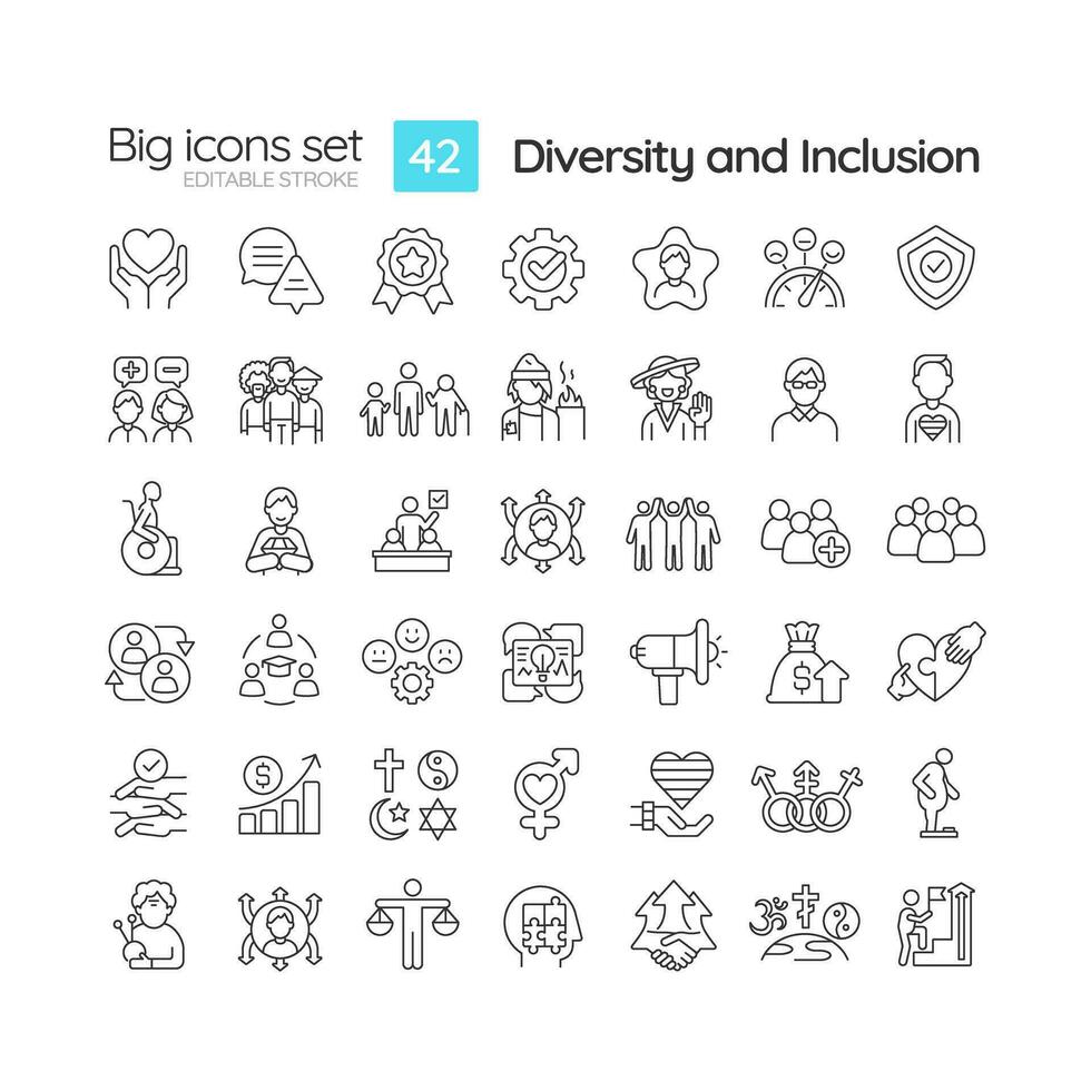 Diversity and inclusion linear icons set. Equal opportunity. Unconscious bias. Anti discrimination. Customizable thin line symbols. Isolated vector outline illustrations. Editable stroke