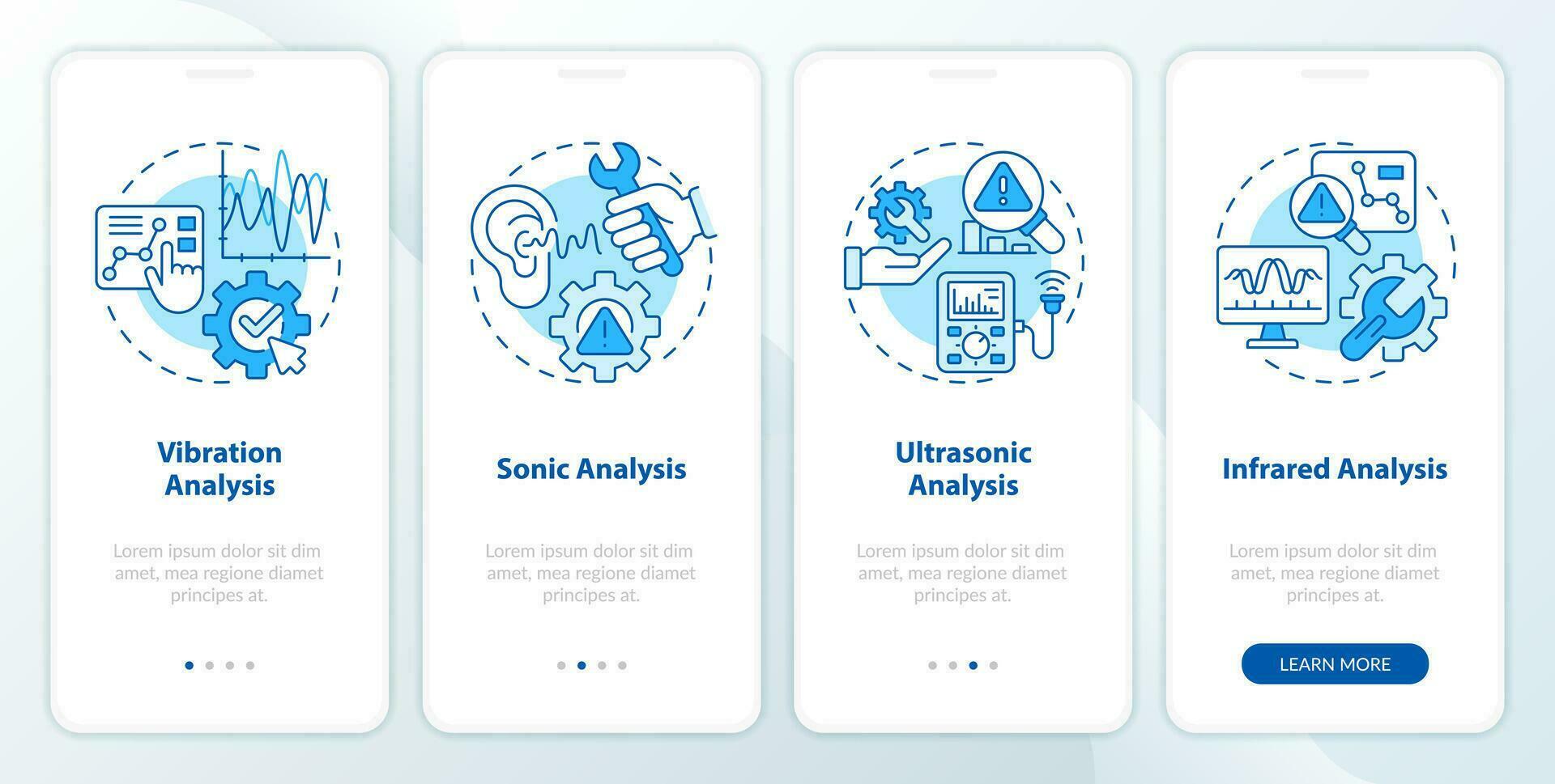 2D blue icons representing predictive maintenance mobile app screen set. Walkthrough 4 steps graphic instructions with linear icons concept, UI, UX, GUI template. vector