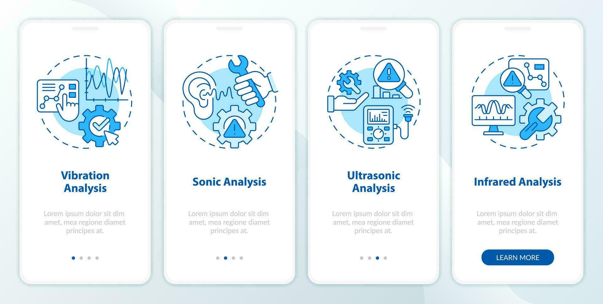 2d azul íconos representando profético mantenimiento móvil aplicación pantalla colocar. recorrido 4 4 pasos gráfico instrucciones con lineal íconos concepto, ui, ux, gui modelo. vector