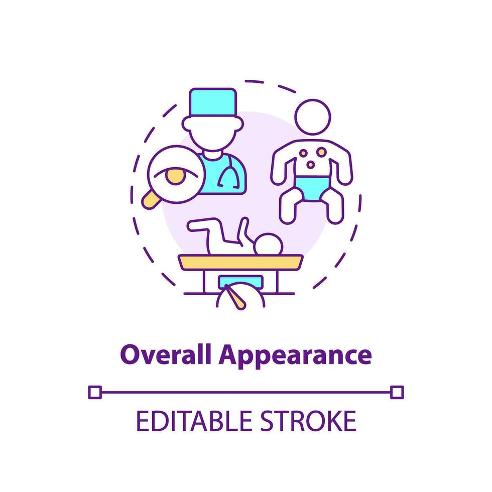 Overall appearance concept icon. Newborn baby. Physical examination. Health assessment. Head to toe. Pediatric care abstract idea thin line illustration. Isolated outline drawing. Editable stroke vector