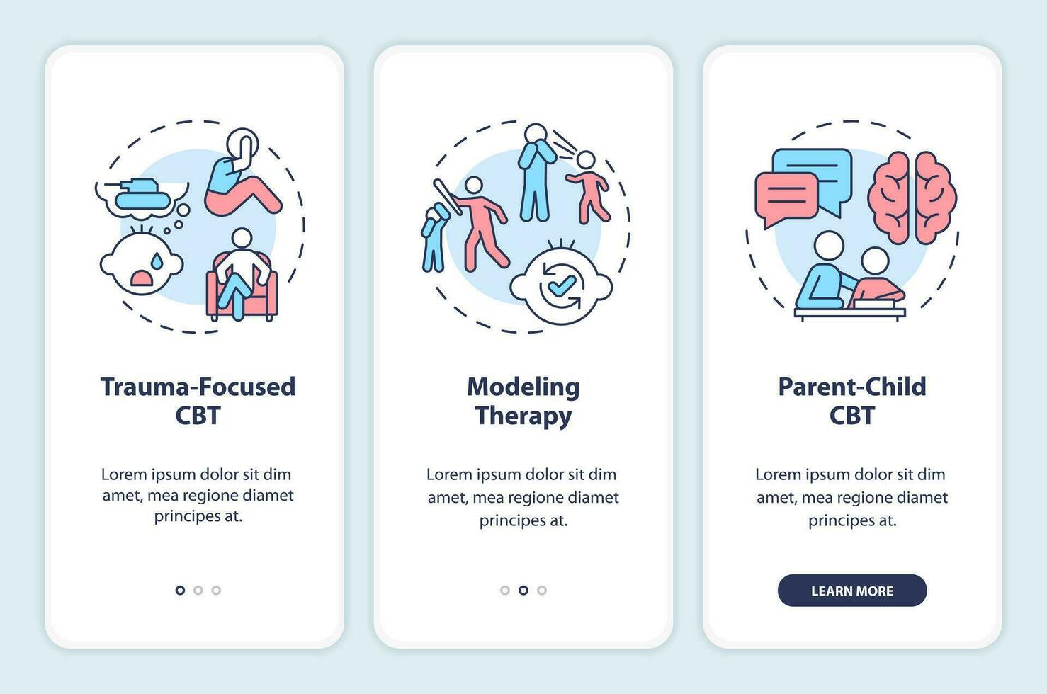 2d íconos representando conductual terapia móvil aplicación pantalla colocar. recorrido 3 pasos vistoso gráfico instrucciones con línea íconos concepto, ui, ux, gui modelo. vector