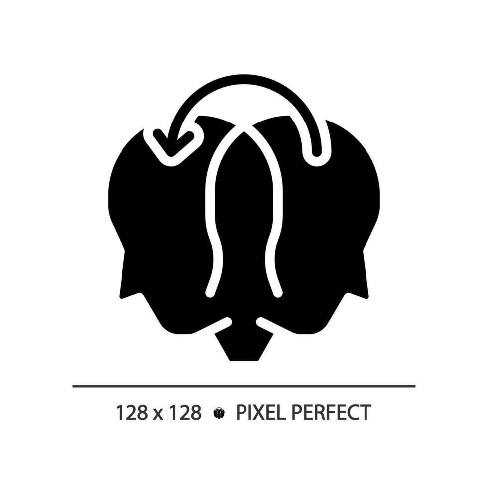 2D pixel perfect glyph style sharing icon, isolated vector, silhouette illustration representing soft skills. vector