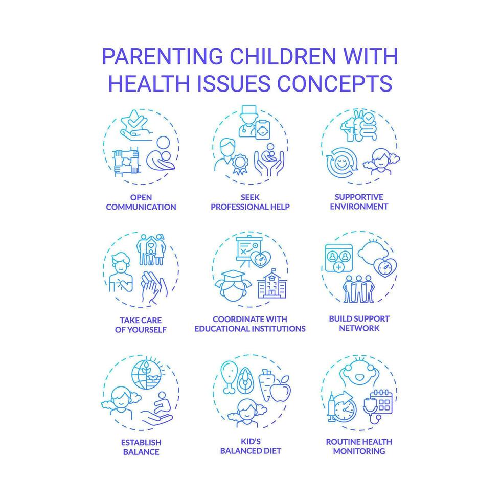 2D gradient icons set representing parenting children concepts, isolated vector, thin line illustration. vector