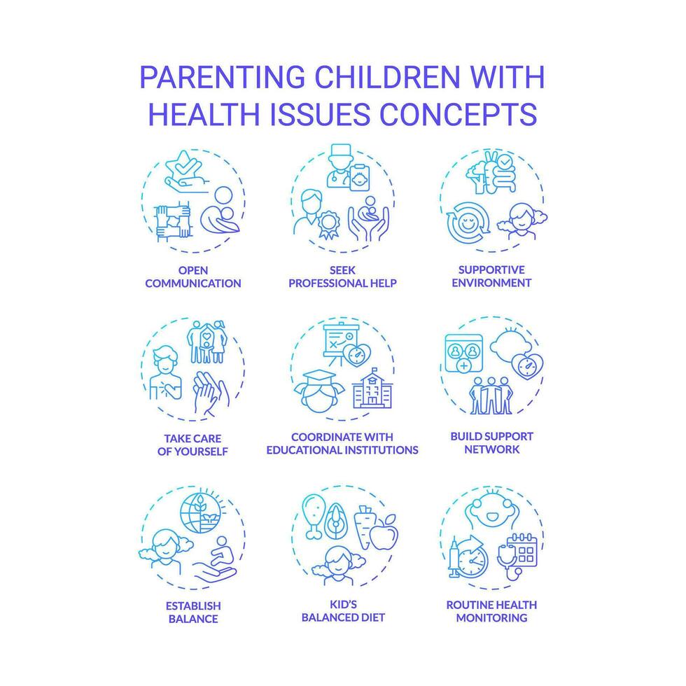 2D gradient icons set representing parenting children concepts, isolated vector, thin line illustration. vector