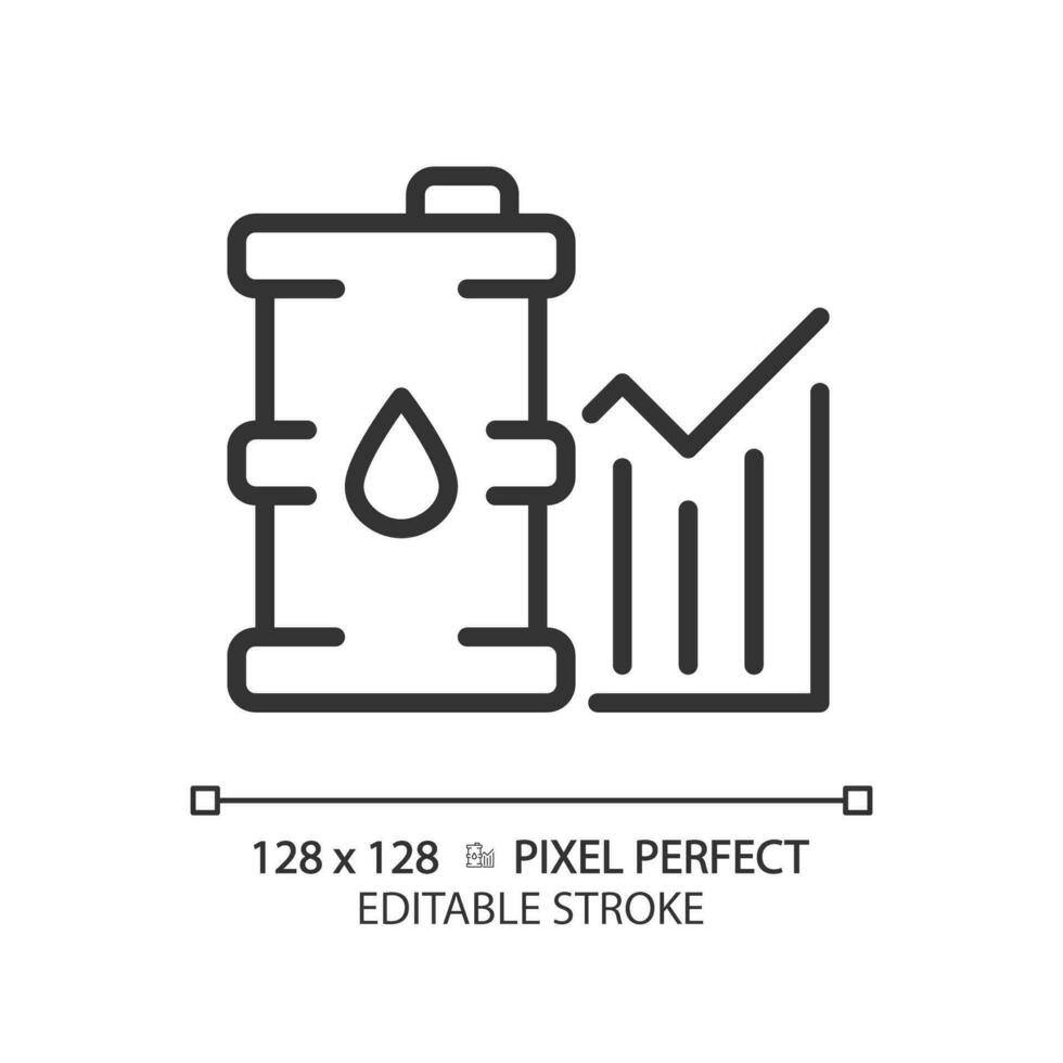 Oil industry analytics linear icon. Supply and demand. Petroleum company. Oil market. Energy trading. Data analytics. Thin line illustration. Contour symbol. Vector outline drawing. Editable stroke