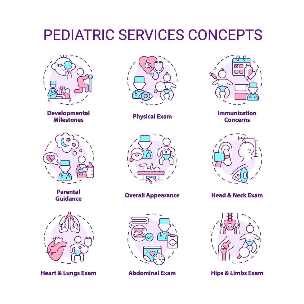 Pediatric services concept icons set. Child development. Health care. Childhood illness. Baby doctor. Childcare center idea thin line color illustrations. Isolated symbols. Editable stroke vector