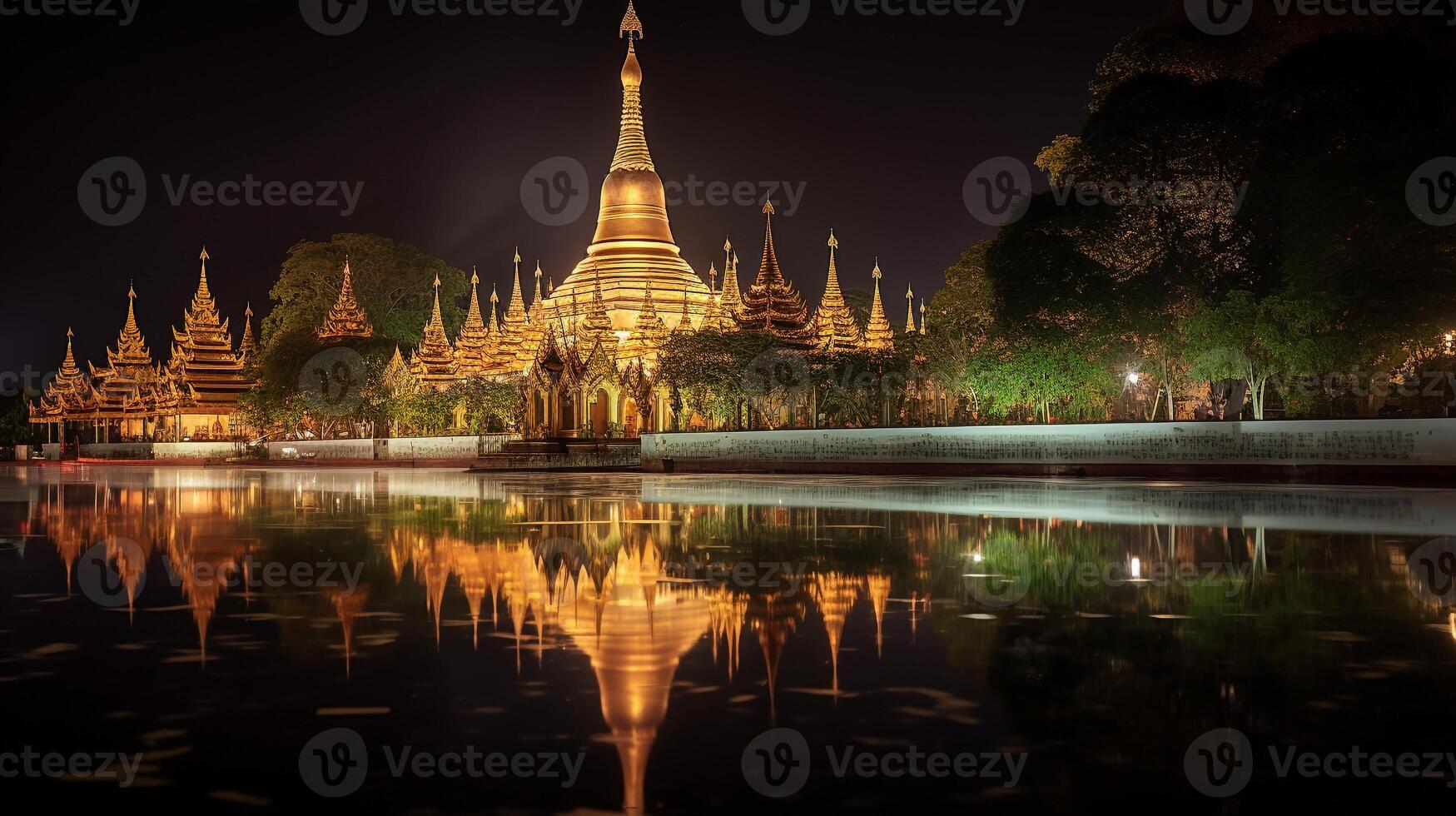 Night view of The Shwedagon Pagoda. Generative AI photo